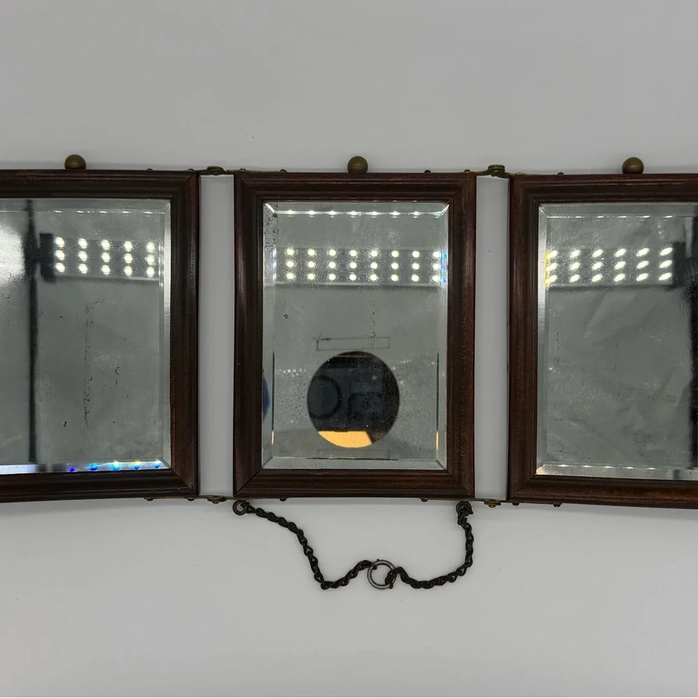 Antique English Tri Fold Vanity Mirror Floral Wood Oak Frame Art Nouveau Leather